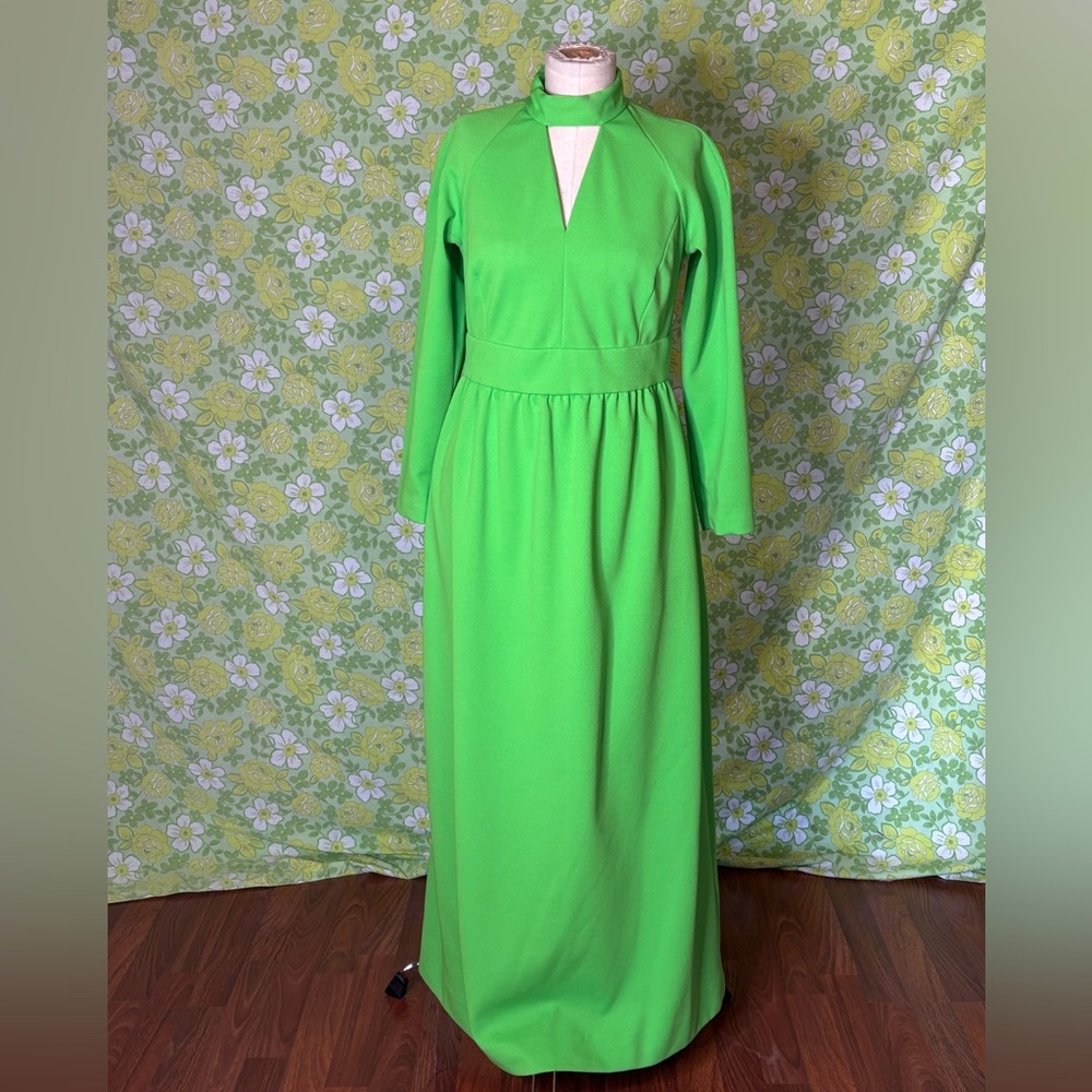 Vintage 60s 70s Maxi Green Dress Keyhole Neck Mod Hippy Boho Medium long sleeve